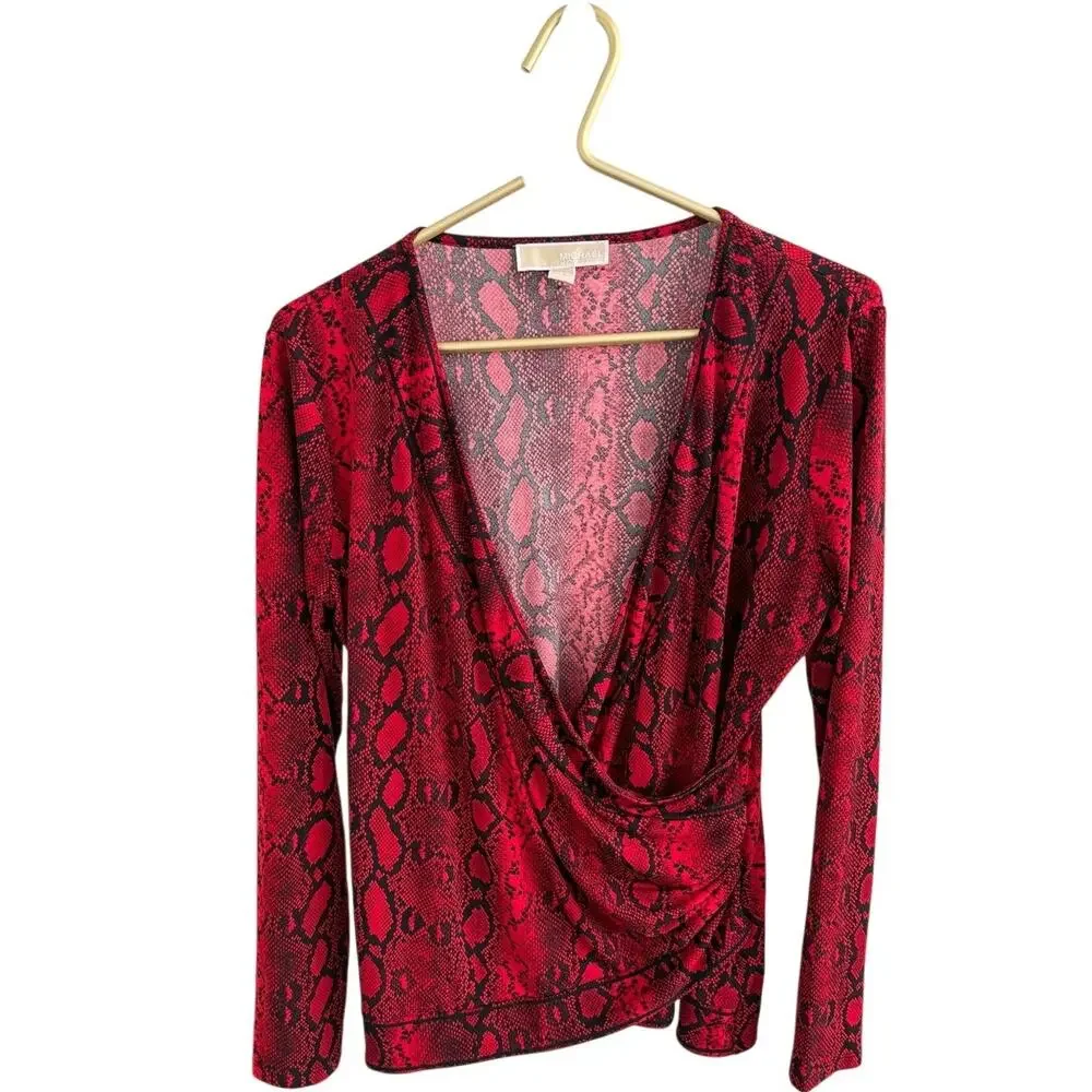 MICHAEL KORS Red Snakeskin Faux Wrap Top L Long Sleeve Side Zip EUC